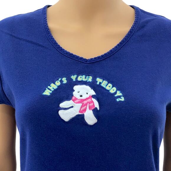 Delicates (L) Blue Who's Your Teddy? Embroidered Teddy Bear Tee Top Shirt V-Neck - Picture 1 of 8